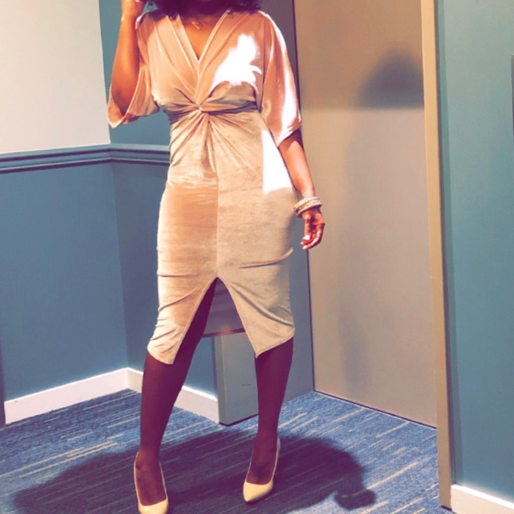 Pink Velvet Plunge Twist Front Midi Dress